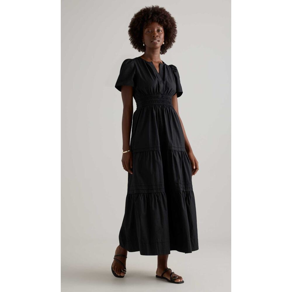 Quince 100% Organic Cotton Poplin Tiered Maxi Dress Size XS Black Cottage EUC